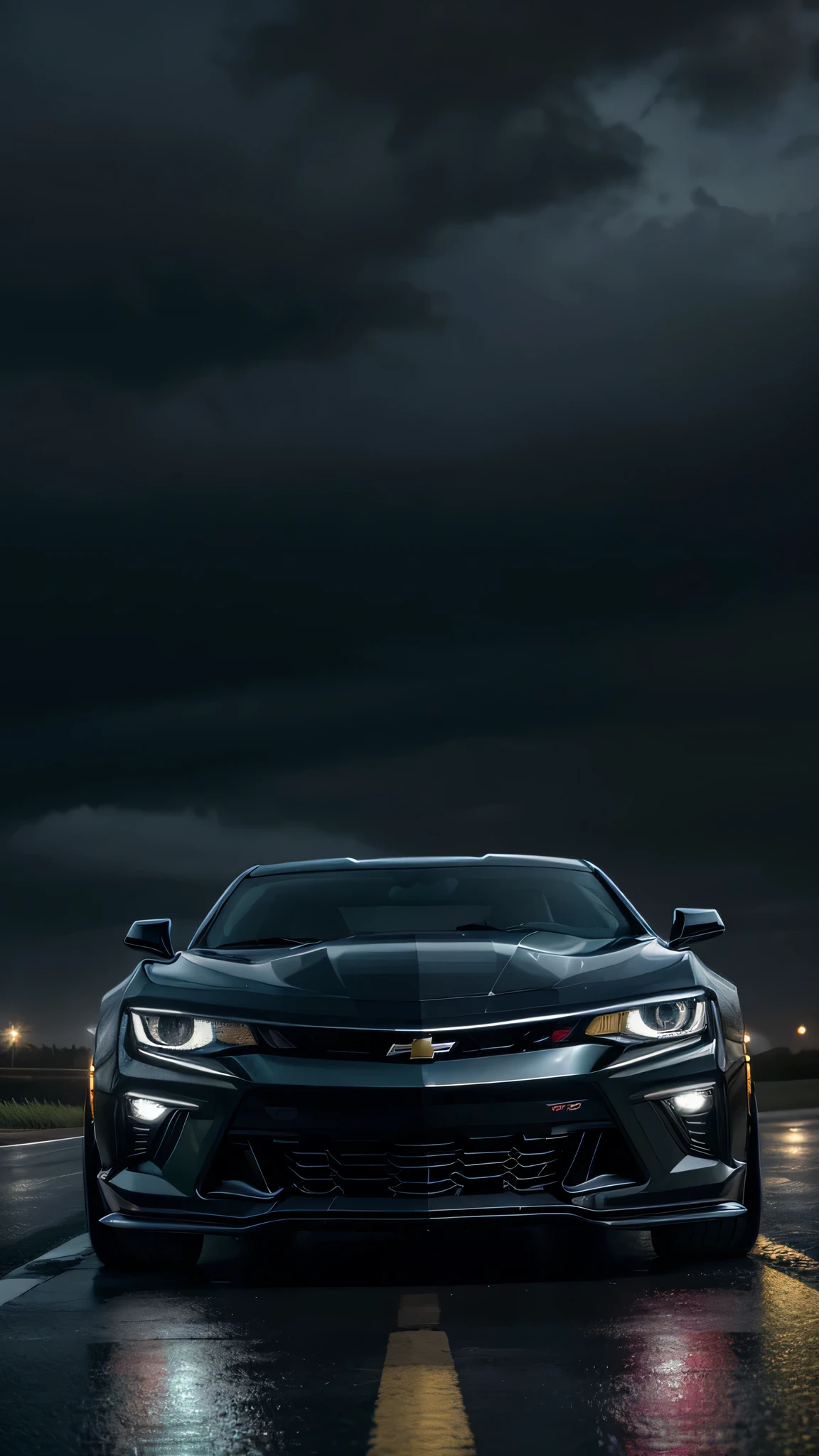 crie uma imagem ultra realista, very colorful, in as much detail as possible, of a black Chevrolet Camaro, with black wheels, and with the headlights on and slightly bluish, on a road at night with rain, and a very cloudy and dark sky with few stars.