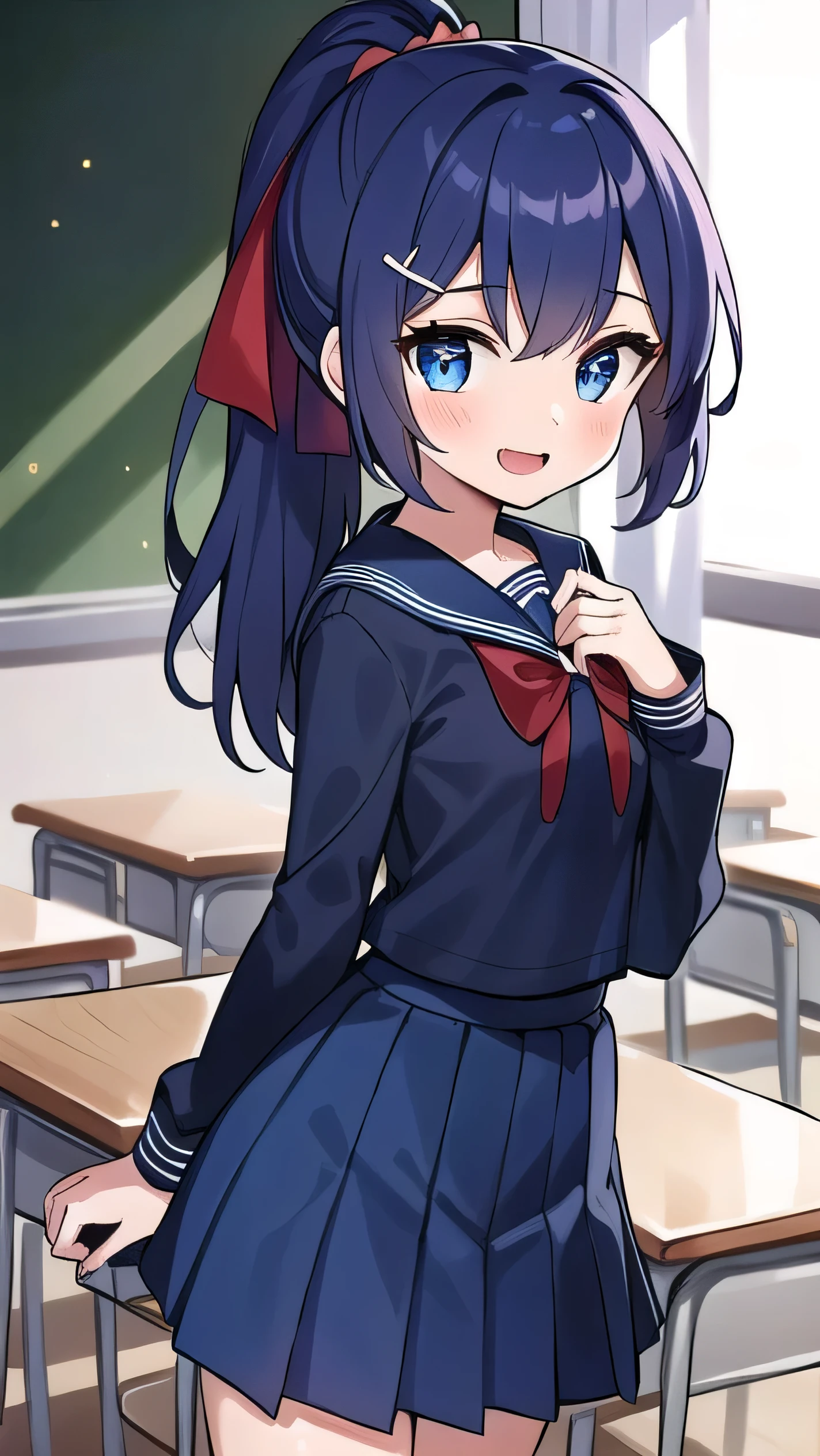 Blue-purple hair, dark blue eyes, long hair, ponytail, hairpin, ,small breasts，long-sleeved , classroom, middle school student, 14 years old, short, round eyes, sparkling eyes, owns a mobile game console, confident, a little laughing，,  (Navy blue sailor uniform:1.2), long sleeves, red ribbon, navy blue skirt, 