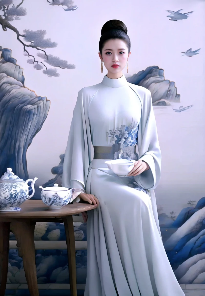 ultra realistic 8k cg, flawless, clean, masterpiece, professional artwork, famous artwork, cinematic lighting, cinematic bloom,,W&B-P,1girl, teapot, jewelry, bird, earrings, hair bun, chinese clothes, sitting, solo, table, black hair, tree, dress, single hair bun, teacup, chair, cup,,((masterpiece)),absurdres,