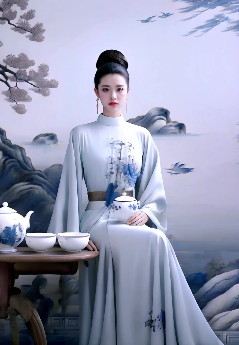 ultra realistic 8k cg, flawless, clean, masterpiece, professional artwork, famous artwork, cinematic lighting, cinematic bloom,,W&B-P,1girl, teapot, jewelry, bird, earrings, hair bun, chinese clothes, sitting, solo, table, black hair, tree, dress, single hair bun, teacup, chair, cup,,((masterpiece)),absurdres,