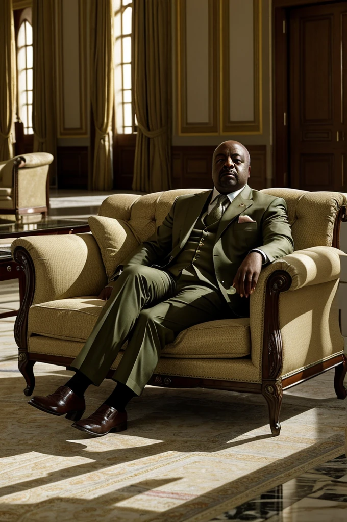 Generate an 8k hyper-realistic image, capturing the moment a child soldier shoots President Laurent-Désiré Kabila at the Marble Palace on January 16, 2001. Kabila, dressed in a khaki-green suit, is slumped over in his large beige armchair, after being shot three times by the  soldier. 

Scene Description:

Setting: The opulent interior of the Marble Palace, characterized by its grand architecture, high ceilings, and luxurious decor. The room should exude elegance, with intricate marble flooring, ornate furniture, and large windows allowing natural light to flood in.
Lighting: Use a blend of natural daylight and subtle interior lighting to highlight the opulence of the setting while casting soft shadows that enhance the tension of the scene.
Main Subjects:

President Laurent-Désiré Kabila:
Wearing a khaki-green suit, Kabila is slumped over in a large beige armchair, appearing dead. Visible wound on his forehead.

 Soldier:
Positioned close to Kabila, pointing his pistol at him

Additional Elements:

Discussion Details:
Official documents, maps, or papers scaterred on the floor.
A subtle focus on the  soldiers' pistol, suggesting the imminent threat