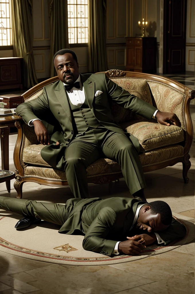Generate an 8k hyper-realistic image, capturing the moment a child soldier shoots President Laurent-Désiré Kabila at the Marble Palace on January 16, 2001. Kabila, dressed in a khaki-green suit, is slumped over in his large beige armchair, after being shot three times by the  soldier. 

Scene Description:

Setting: The opulent interior of the Marble Palace, characterized by its grand architecture, high ceilings, and luxurious decor. The room should exude elegance, with intricate marble flooring, ornate furniture, and large windows allowing natural light to flood in.
Lighting: Use a blend of natural daylight and subtle interior lighting to highlight the opulence of the setting while casting soft shadows that enhance the tension of the scene.
Main Subjects:

President Laurent-Désiré Kabila:
Wearing a khaki-green suit, Kabila is slumped over in a large beige armchair, appearing dead. Visible wound on his forehead.

 Soldier:
Positioned close to Kabila, pointing his pistol at him

Additional Elements:

Discussion Details:
Official documents, maps, or papers scaterred on the floor.
A subtle focus on the  soldiers' pistol, suggesting the imminent threat