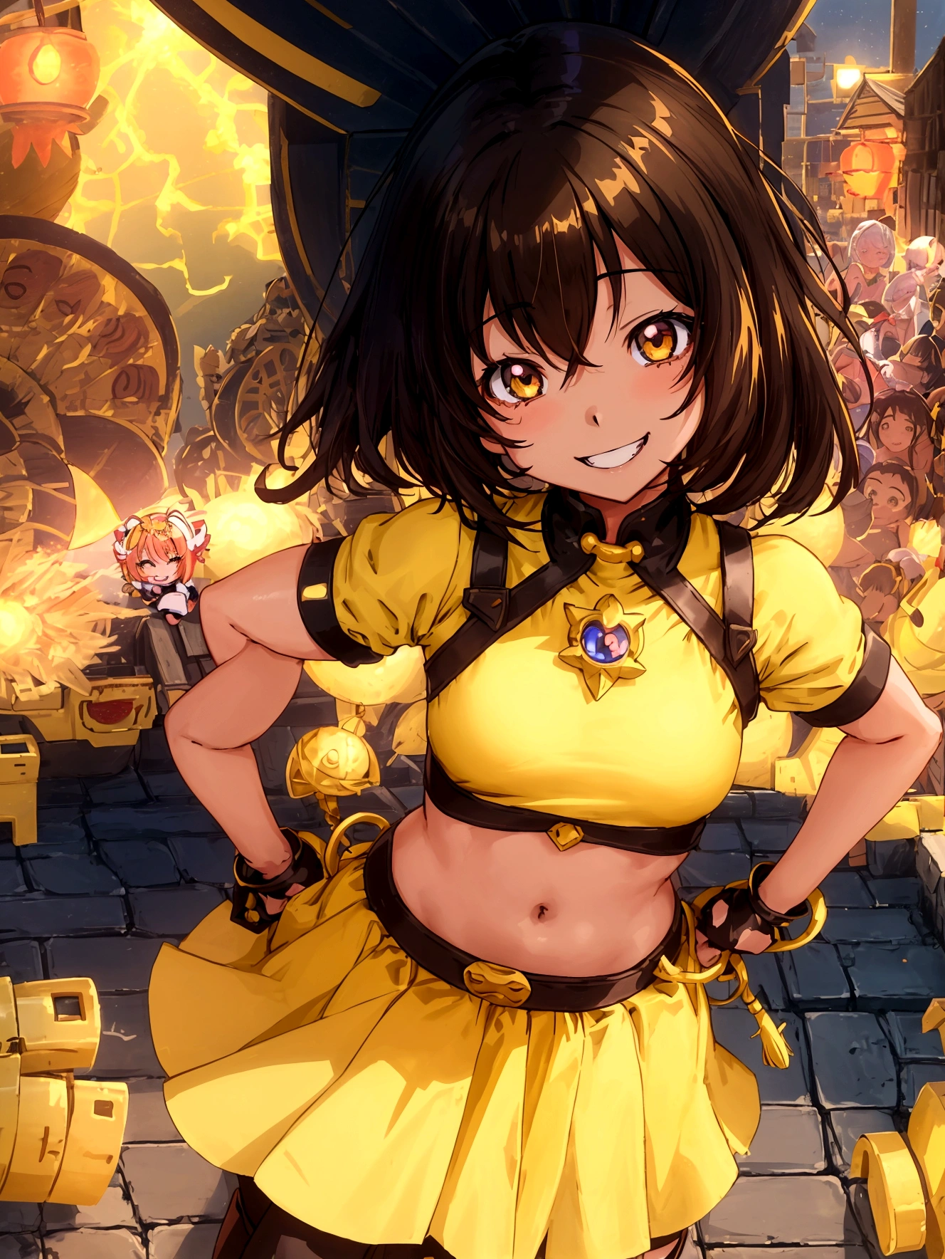 Anime Style、Cheerful girl、Brown skin、RPG Game Characters、Yellow long skirt-type equipment、、Very small breasts、Armament、Black Hair、short hair、Naughty、Mischievous、Smiling with teeth showing、Hands on hips、Hall々Stand with、Village Background、Bright atmosphere、Bustling market