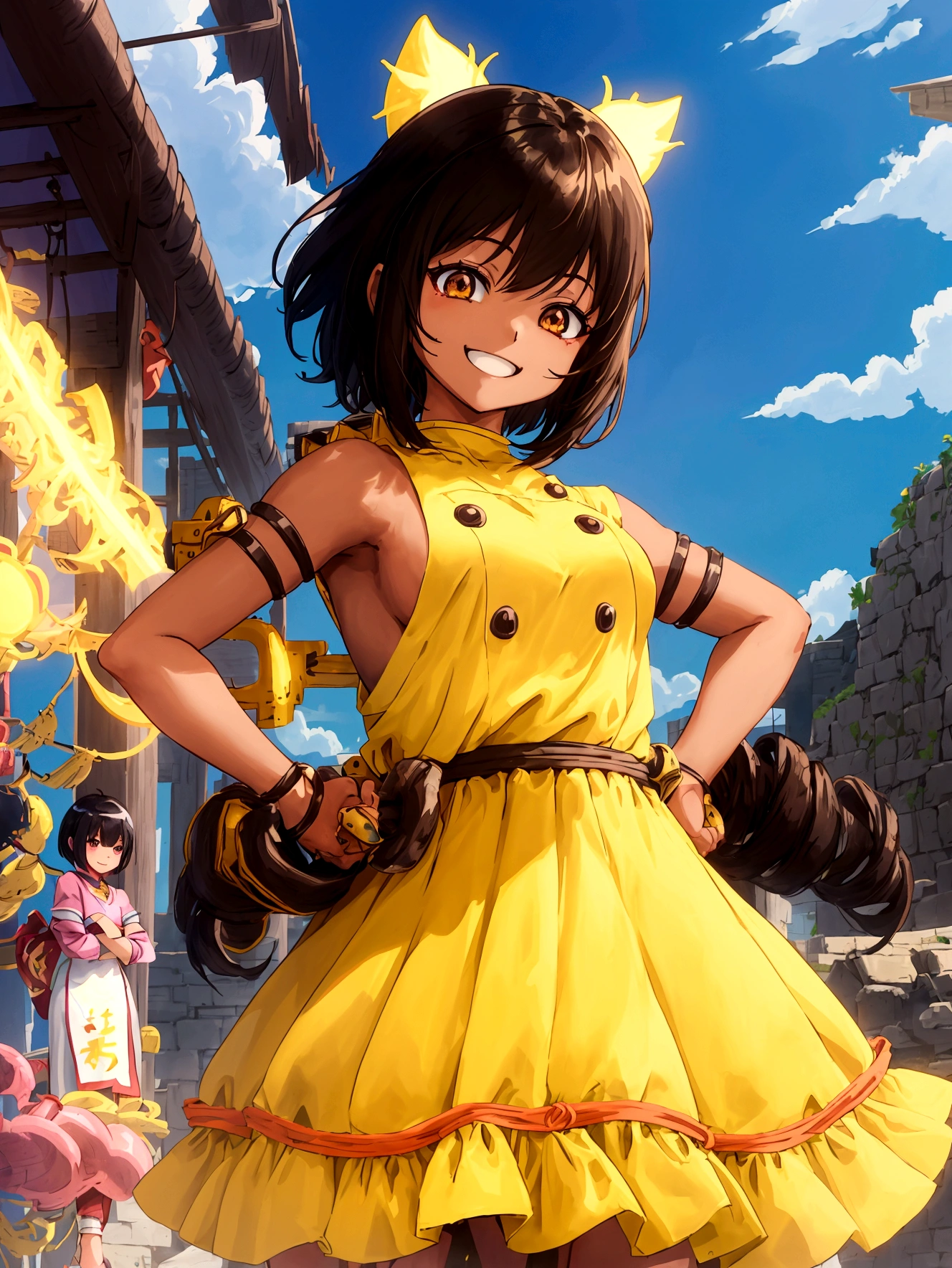 Anime Style、Cheerful girl、Brown skin、RPG Game Characters、Yellow long skirt-type equipment、、Very small breasts、Armament、Black Hair、short hair、Naughty、Mischievous、Smiling with teeth showing、Hands on hips、Hall々Stand with、Village Background、Bright atmosphere、Bustling market