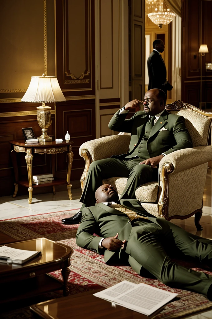 Generate an 8k hyper-realistic image, capturing the moment a child soldier shoots President Laurent-Désiré Kabila at the Marble Palace on January 16, 2001. Kabila, dressed in a khaki-green suit, is slumped over in his large beige armchair, after being shot three times by the soldier.
Scene Description:
Setting: The opulent interior of the Marble Palace, characterized by its grand architecture, high ceilings, and luxurious decor. The room should exude elegance, with intricate marble flooring, ornate furniture, and large windows allowing natural light to flood in.
Lighting: Use a blend of natural daylight and subtle interior lighting to highlight the opulence of the setting while casting soft shadows that enhance the tension of the scene.
Main Subjects:
President Laurent-Désiré Kabila:
Wearing a khaki-green suit, Kabila is slumped over in a large beige armchair, appearing dead. Visible wound on his forehead.
Soldier:
Positioned close to Kabila, pointing his pistol at him
Additional Elements:
Discussion Details:
Official documents, maps, or papers scaterred on the floor.
A subtle focus on the soldiers' pistol, suggesting the imminent threat