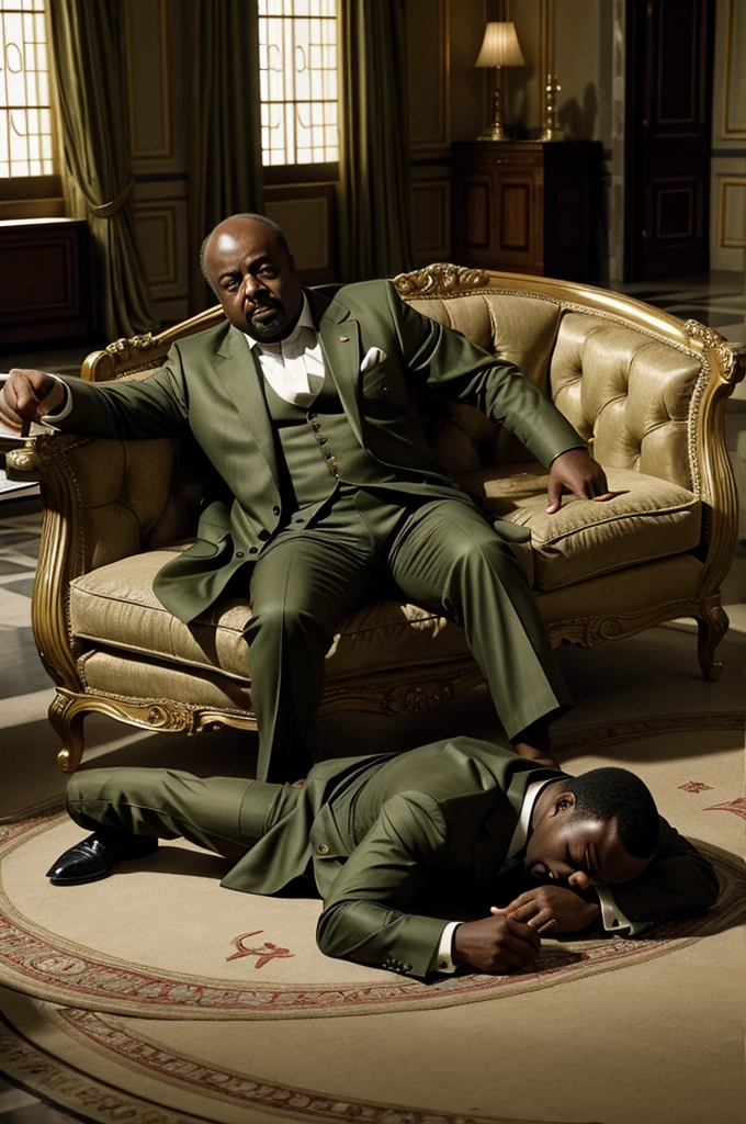 Generate an 8k hyper-realistic image, capturing the moment a child soldier shoots President Laurent-Désiré Kabila at the Marble Palace on January 16, 2001. Kabila, dressed in a khaki-green suit, is slumped over in his large beige armchair, after being shot three times by the soldier.
Scene Description:
Setting: The opulent interior of the Marble Palace, characterized by its grand architecture, high ceilings, and luxurious decor. The room should exude elegance, with intricate marble flooring, ornate furniture, and large windows allowing natural light to flood in.
Lighting: Use a blend of natural daylight and subtle interior lighting to highlight the opulence of the setting while casting soft shadows that enhance the tension of the scene.
Main Subjects:
President Laurent-Désiré Kabila:
Wearing a khaki-green suit, Kabila is slumped over in a large beige armchair, appearing dead. Visible wound on his forehead.
Soldier:
Positioned close to Kabila, pointing his pistol at him
Additional Elements:
Discussion Details:
Official documents, maps, or papers scaterred on the floor.
A subtle focus on the soldiers' pistol, suggesting the imminent threat