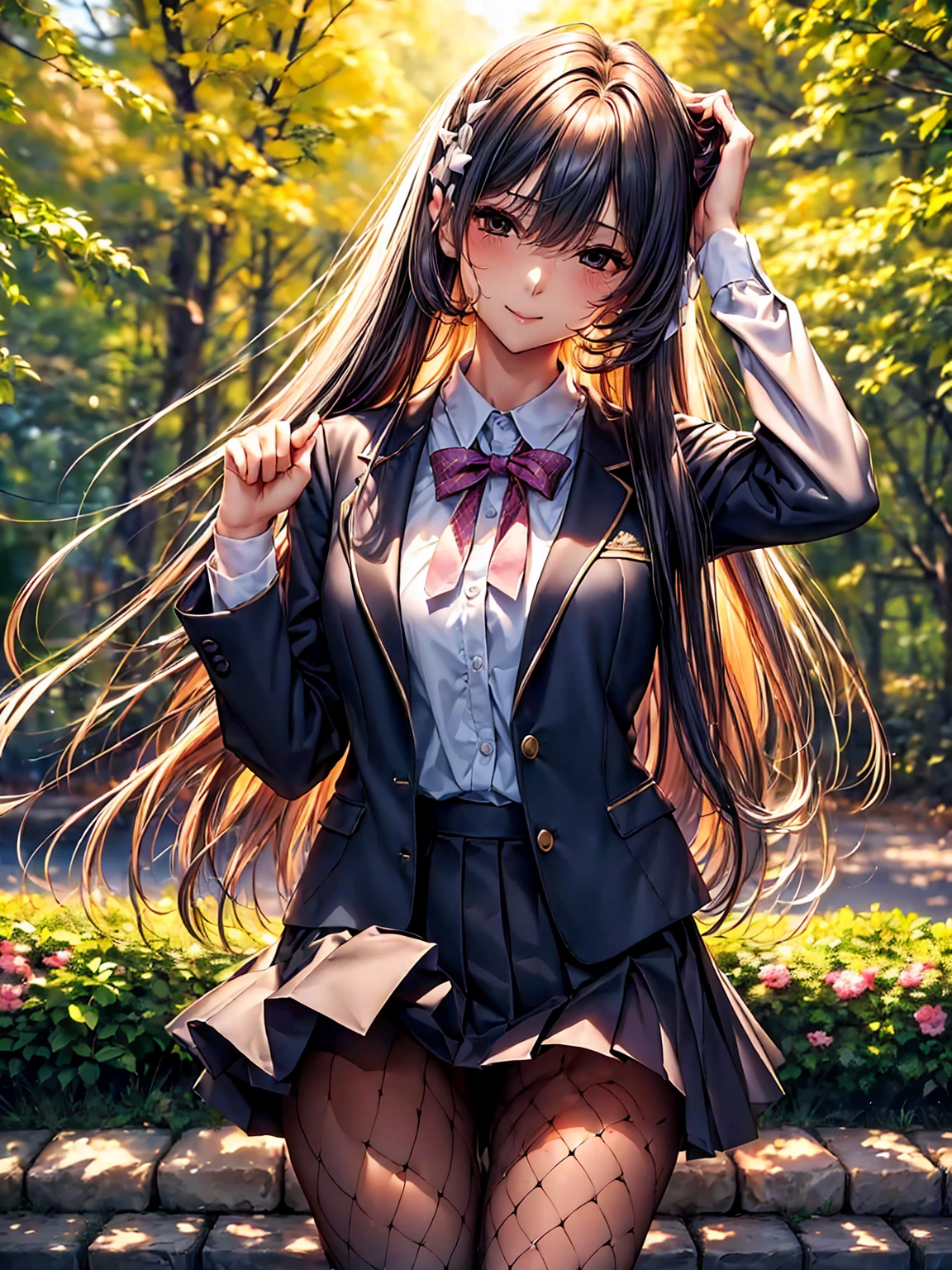 (((Highest quality、masterpiece、Very high resolution)))、Beauty Painting、(Strong-willed beautiful girl:18-year-old、Beautiful body:Slender Beautiful Breasts、Beautiful Face:smile、Beautiful Hairstyles、Tall、Beautiful legs)、 (Best skin and hair texture)、((High School Uniform:White Shirt:ribbon:blazer,Fishnet tights:Knee-length、Pleated skirt:mini skirt))、(Beautiful park、There is a pond surrounded by cherry trees.、Natural light、Beautiful views、Beautiful colors）、（Beautiful pose:Raise your arms to show your sides）、Accurate Images:1.5、Accurate anatomy:1.5、Perfect Image、Perfect Image、Overall image、(Best Shot、RAW Photos:1.2)