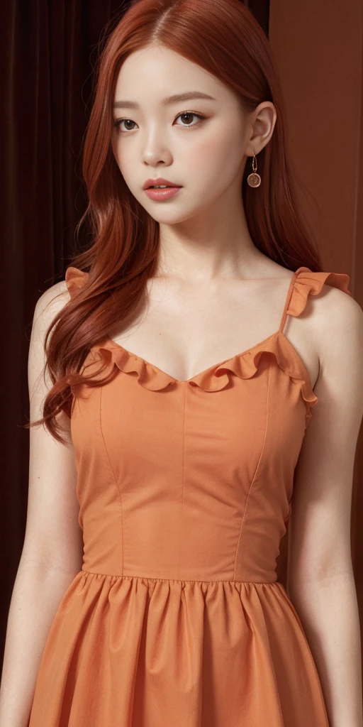 (embarrassed), red hair, orange hair, WeriArt Style, 1girl, blush, upper body, highly detailed eyes, hires, collarbone, frilled dress, open mouth