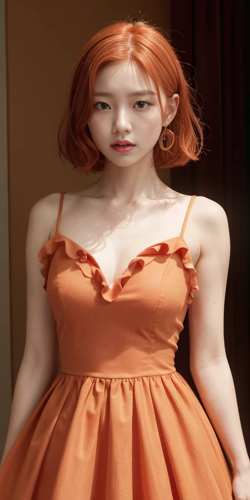 (embarrassed), red hair, orange hair, WeriArt Style, 1girl, blush, upper body, highly detailed eyes, hires, collarbone, frilled dress, open mouth
