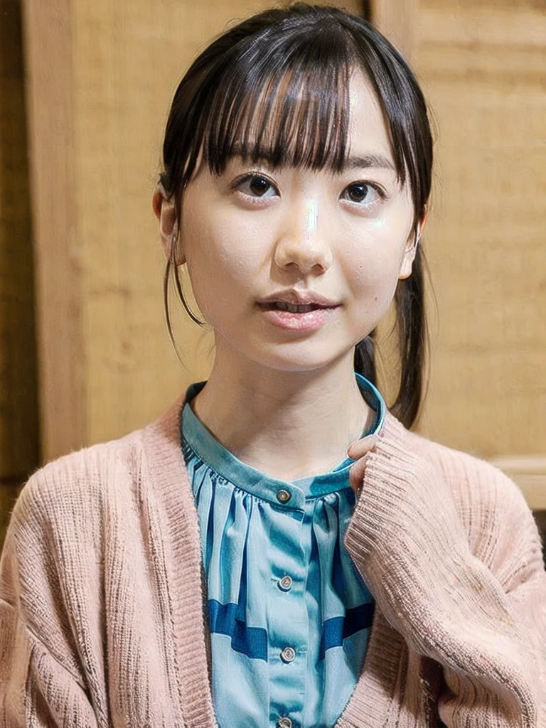 slender girl, (make up:1.1), (Pink cardigan:1.2), middle breasts, at school room, (upper body shot:1.1), round face