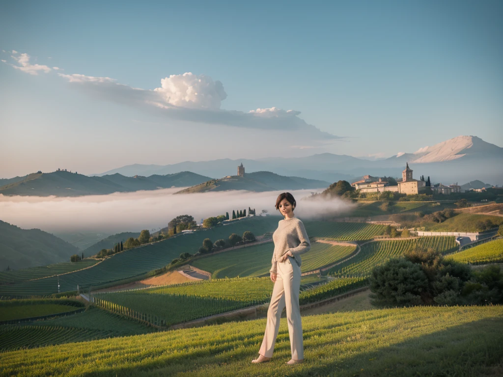 8k best picture quality, Beautiful 36-year-old Korean woman, clear and nice weather. Chest size 34 inches, italian countryside , Past the vineyards, the cathedral can be seen in the distance in the fog.., The back background is realistic and vivid image quality, Short and medium hair blowing in the wind, Wearing high-end luxury knitwear. casual pants, Smile. the background is clear, Short and slim Korean woman, stand far away, Photo taken with a wide-angle lens, short hair blowing in the wind. A woman standing on a hill, Hold both hands in front