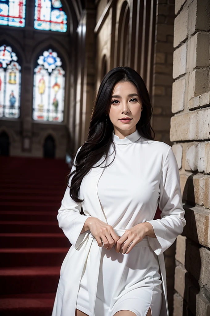 (masterpiece:1.4), (58-year-old woman:1.5),(Facial wrinkles : 1.2), smirking, (pale white skin), moles, pores, dull skin, skin blemishes, motherly mature woman, (long beautiful hair), large saggy breasts, (dressed as a catholic nun), (high-slit long-skirt : 1), (black and white clothes), (showing legs), detailed backgrounds, church, divine atmosphere, rosary, cross