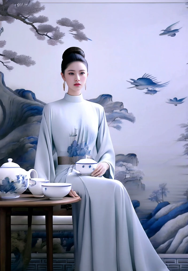 ultra realistic 8k cg, flawless, clean, masterpiece, professional artwork, famous artwork, cinematic lighting, cinematic bloom,,W&B-P,1girl, teapot, jewelry, bird, earrings, hair bun, chinese clothes, sitting, solo, table, black hair, tree, dress, single hair bun, teacup, chair, cup,,((masterpiece)),absurdres,