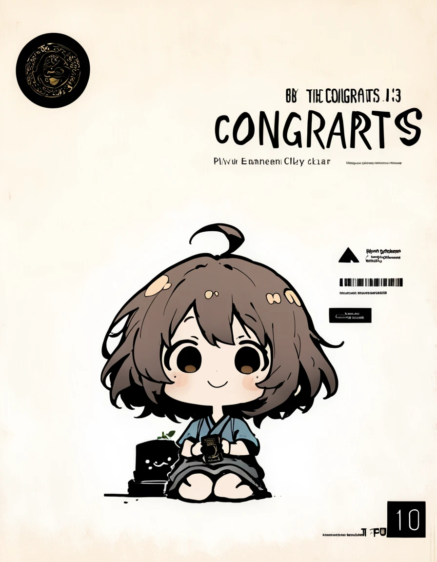 extremely clear 8K wallpaper, extremely delicate and detailed face:1.3, absurdres, masterpiece, pixiv contest winner, by Demizu Posuka, a Japanese hanko, only black ink 2D seal stamp of a chibi girl and a text. the girl is shaggy short hair with ahoge, very cute and beautiful round face, the text is "Congrats!"