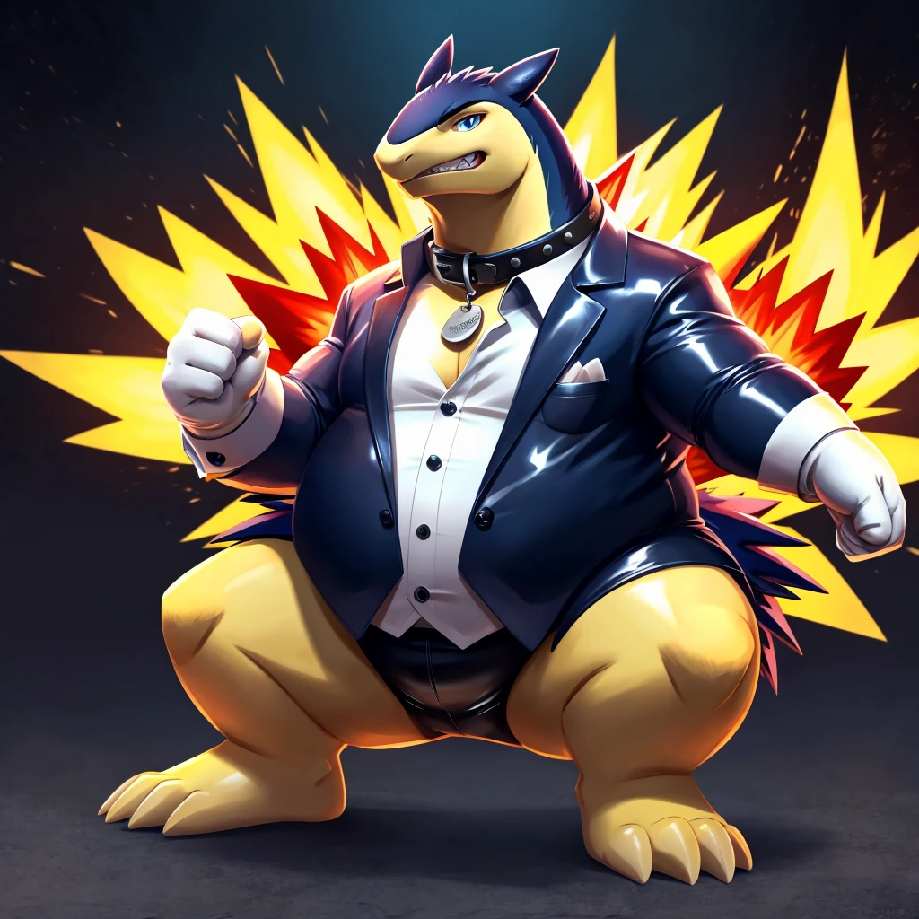 Solo, Male, fat, squatting, extremely obese, Typhlosion, blue eyes, (soft shading), 4k, hi res, ((detailed face, detailed)), looking at viewer, evil grin, Butler, collared shirt, male focus, glasses, monocle, shirt with buttons, sleeves rolled up, Typhlosion is wearing a glossy leather dog collar around the neck, Typhlosion is wearing the leather collar and shirt at the same time, Typhlosion is wearing glossy white rubber gloves on the hands, wearing white rubber gloves on the feet, Typhlosion is wearing glossy white cuffs around the wrists with cufflinks, gloves are rubber in texture, clenching teeth, clenching fists, leather collar is glossy and shiny with a lot of detail, Typhlosion is wearing gloves and cuffs and cufflinks at the same time, leather collar has a round dog-tag, leather collar is thick and detailed.