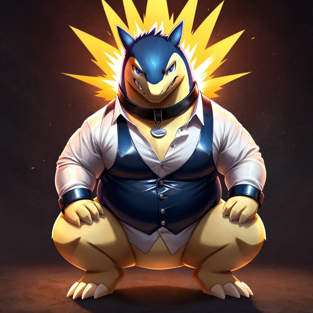 Solo, Male, fat, squatting, extremely obese, Typhlosion, blue eyes, (soft shading), 4k, hi res, ((detailed face, detailed)), looking at viewer, evil grin, Butler, collared shirt, male focus, glasses, monocle, shirt with buttons, sleeves rolled up, Typhlosion is wearing a glossy leather dog collar around the neck, Typhlosion is wearing the leather collar and shirt at the same time, Typhlosion is wearing glossy white rubber gloves on the hands, wearing white rubber gloves on the feet, Typhlosion is wearing glossy white cuffs around the wrists with cufflinks, gloves are rubber in texture, clenching teeth, clenching fists, leather collar is glossy and shiny with a lot of detail, Typhlosion is wearing gloves and cuffs and cufflinks at the same time, leather collar has a round dog-tag, leather collar is thick and detailed.