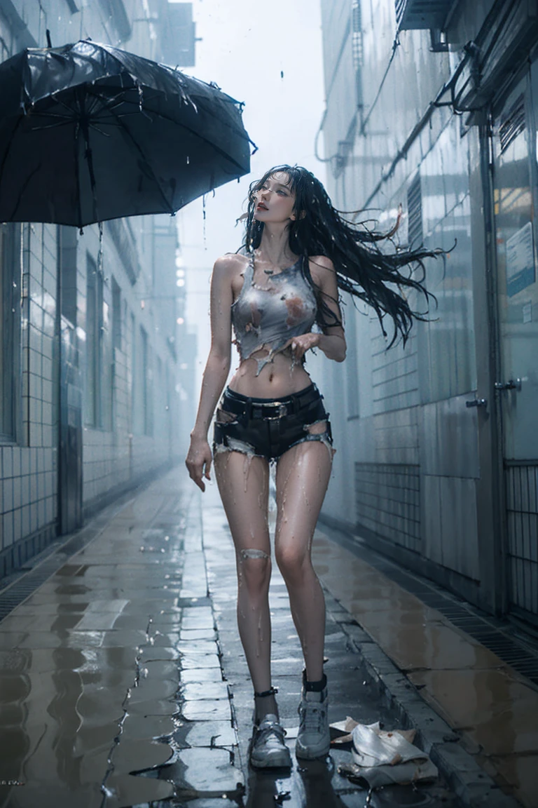 Best image quality, masterpiece, Ultra-high resolution, (Faithfulness:1.4), photograph, 1 Girl, White shirt, Ripped jeans, White sneakers, dim, darkness, despair, disappointing, poor, movie, tears, tears滴, (Torn clothes:1.5), (Wet clothes:1.4), Bare shoulders, Real Rain, Wet Hair,(((Tight waist))), ((Large Breasts)),