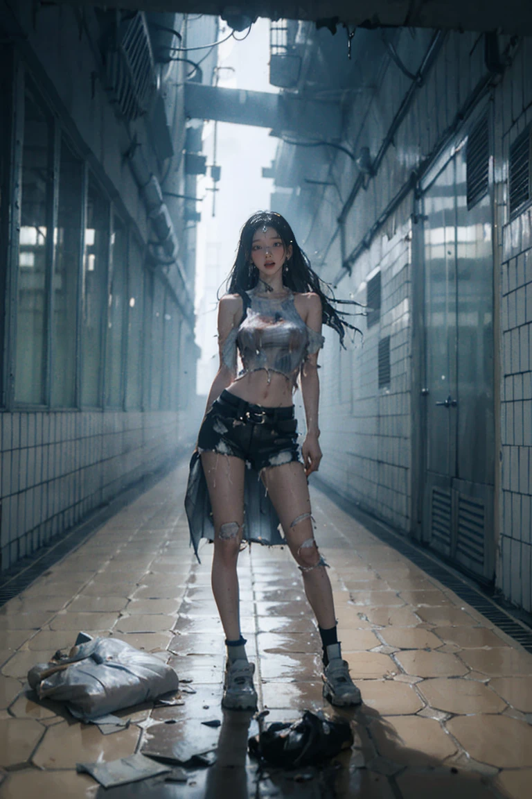 Best image quality, masterpiece, Ultra-high resolution, (Faithfulness:1.4), photograph, 1 Girl, White shirt, Ripped jeans, White sneakers, dim, darkness, despair, disappointing, poor, movie, tears, tears滴, (Torn clothes:1.5), (Wet clothes:1.4), Bare shoulders, Real Rain, Wet Hair,(((Tight waist))), ((Large Breasts)),
