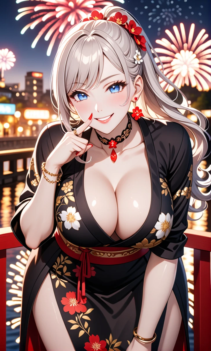 ultra-detailed, ((one girl)), (pale skin:1.5), in pastel colors girl, hyper detailed, absurdres, 8K, fair skin, Beautiful Face, (Laugh shyly), ((teasing smile:1.8)), ((Wink:1.7)), (Laugh with your mouth wide open),((Tilt your head:1.6)), View your viewers, ((Bright red cheeks:1.6)),Glossy Red Lips, ((Big Breasts:1.5)), ((show off breast:1.4)), ((erect nipples)), night, Riverside,On Bridge, firework, (Brighten your face), ((Anime style background)),masterpiece, Highest quality, so beautiful,Latest, Complex details, (Pink long nails), (nail art), (ring),(bracelet), (Floral Choker),AI-generated, Complex,High resolution, Highest quality, super high quality,3D Images、3D Images,One person,long white hair,(High Ponytail), (wavy hair:1.3), Monotone anime woman posing for a photo, ((Fine grain、blue eyes、glowing eyes:1.4)), (Squint your eyes:1.1),a hyperRealistic , hyperRealistic , Realistic,Anime woman with long white, Smooth anime CG art, A girl in a gorgeous black kimono, Gold embroidery, ((black furisode)),(Large floral pattern) , ((undressing)), Long flower hair ornament,Floral Earrings,Mature Body, tall,Abdominal muscles,Tight waist, ((leaning forward:1.7)), ((put index finger on mouth:1.5)), (front view),