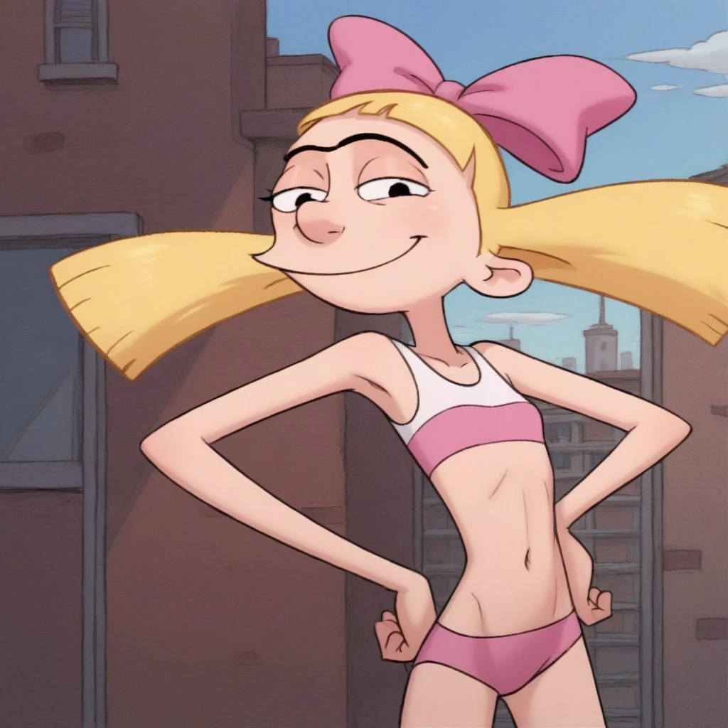 helga, solo, 1girl, blonde hair, floating hair, black eyes, twintails, monobrow, hair bow, smile, simple background, looking at viewer,,outdoors,city, score_9, score_8_up, score_7_up, score_6_up , skinny body, source_cartoon, on beach, pink swimsuit, hand on hips,full body