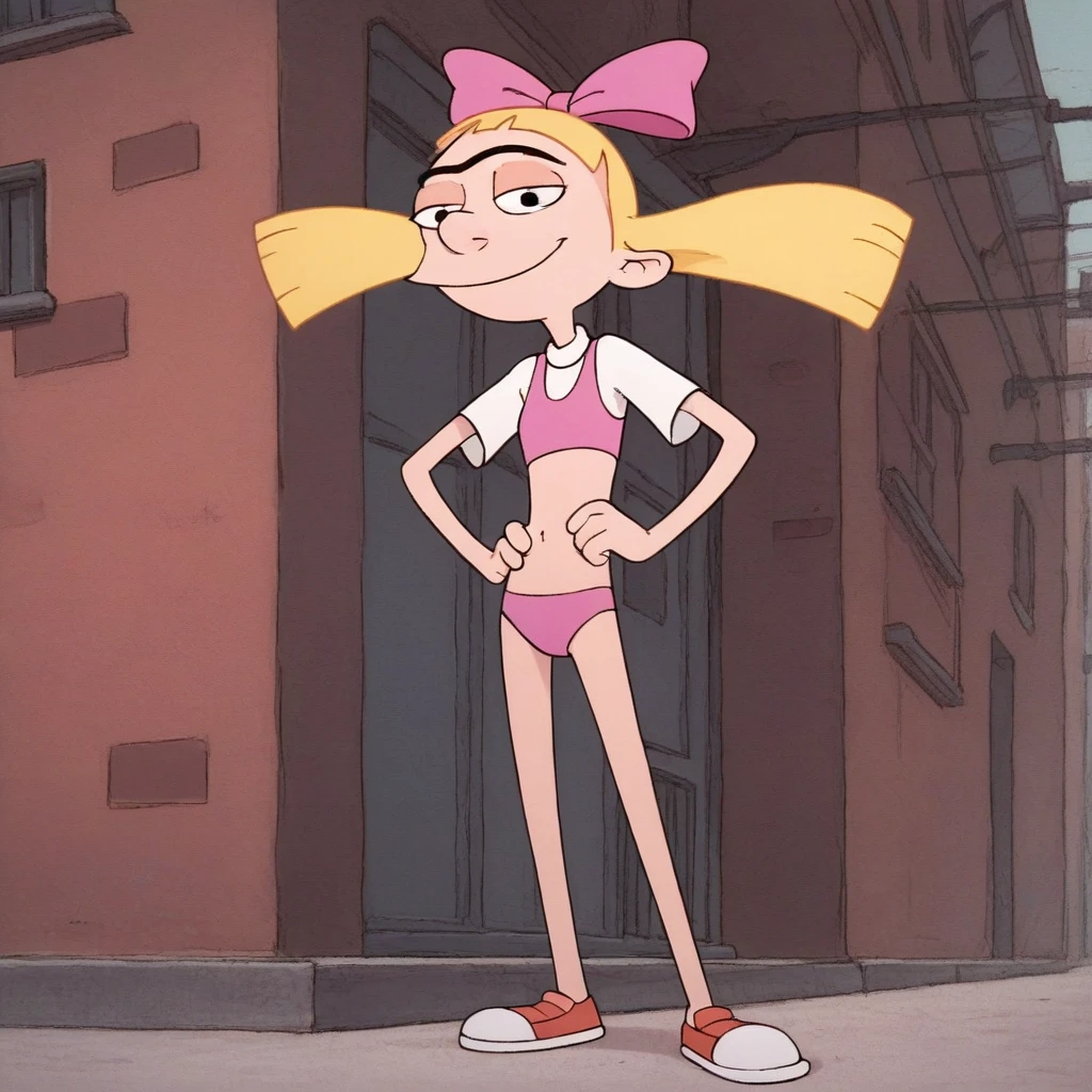 helga, solo, 1girl, blonde hair, floating hair, black eyes, twintails, monobrow, hair bow, smile, simple background, looking at viewer,,outdoors,city, score_9, score_8_up, score_7_up, score_6_up , skinny body, source_cartoon, on beach, pink swimsuit, hand on hips,full body