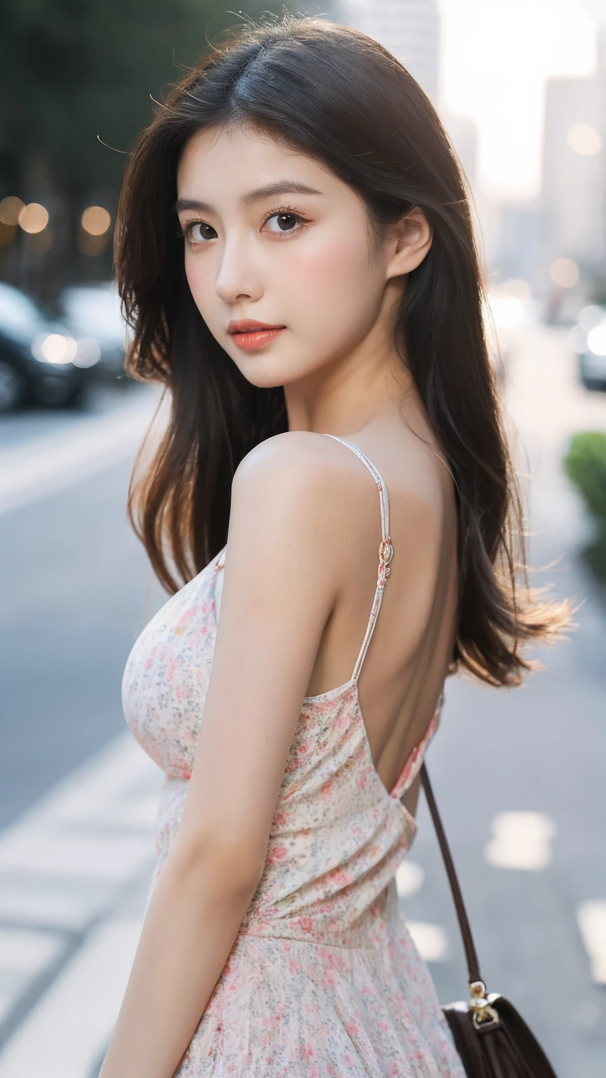 ((Best quality, 8K, masterpiece:1.3)),1girl,18 years old,Asian,Real texture:1.3,(Background blur:1.1),Dress Up,Tall and slender figure:1.2,(Hot summer weather),(street:1.3),Highly detailed face and skin textures,Exquisite eyes,Long eyelashes,Double eyelids,Skin Whitening,happy,Various postures,Big breasts