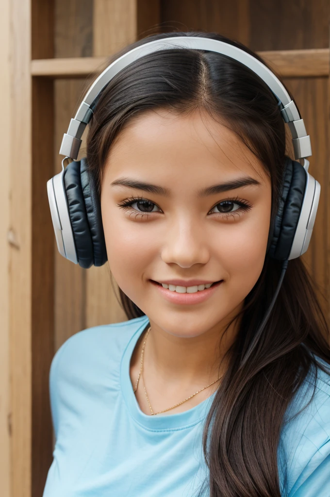 One cute girl who hearing a music by wearing a headphones 