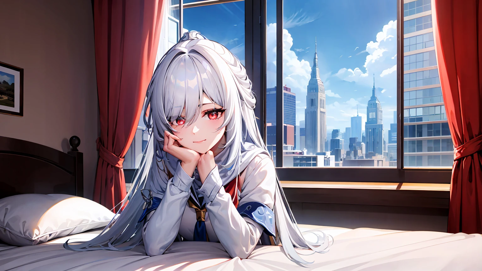 masterpiece, best quality, JingliuV5, white hair, long hair, red eyes, white dress, white sailor collar, white scarf, sitting on bed, indoors, bedroom, windows, blue sky, warm smile, upper body. closed mouth,