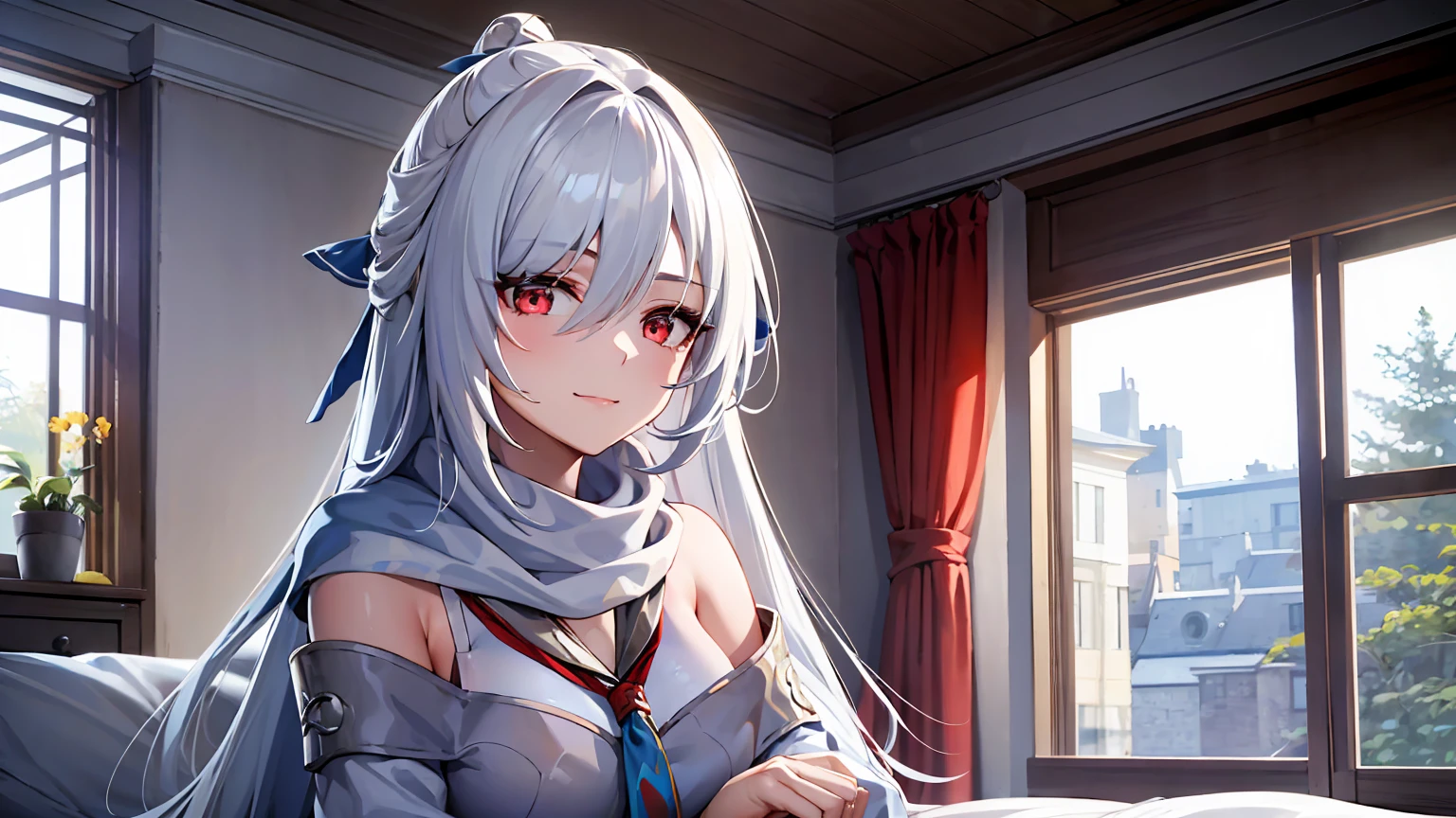 masterpiece, best quality, JingliuV5, white hair, long hair, red eyes, white dress, white sailor collar, white scarf, sitting on bed, indoors, bedroom, windows, blue sky, warm smile, upper body. closed mouth,