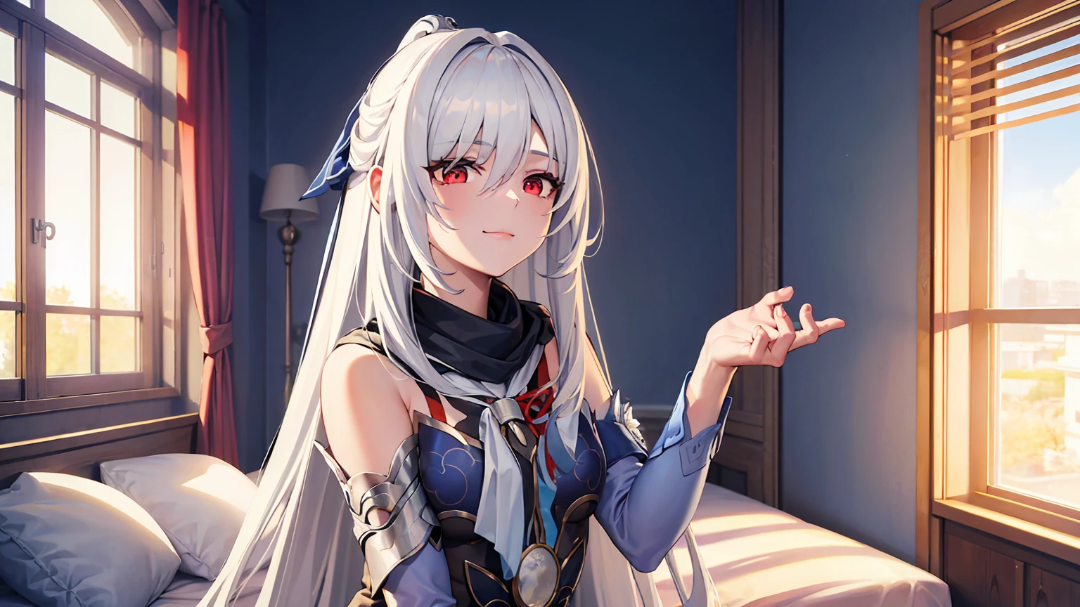 masterpiece, best quality, JingliuV5, white hair, long hair, red eyes, white dress, white sailor collar, white scarf, sitting on bed, indoors, bedroom, windows, blue sky, warm smile, upper body. closed mouth,