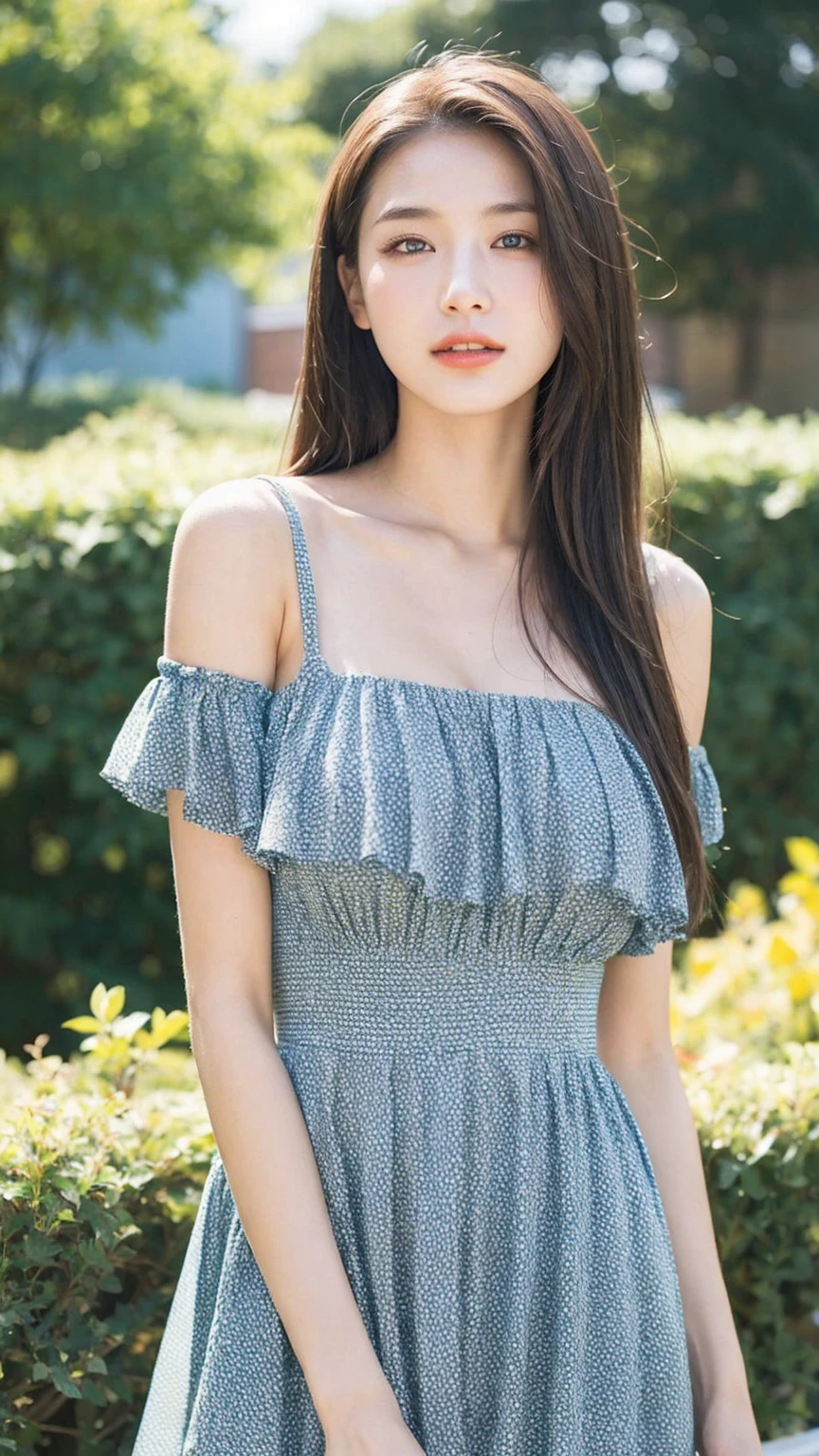 ((Best quality, 8K, masterpiece:1.3)),1girl,18 years old,Asian,Real texture:1.3,(Background blur:1.3),Dress Up,Tall and slender figure:1.2,(Hot summer weather),(garden:1.3),Highly detailed face and skin textures,Exquisite eyes,Long eyelashes,Double eyelids,Skin Whitening,happy,
