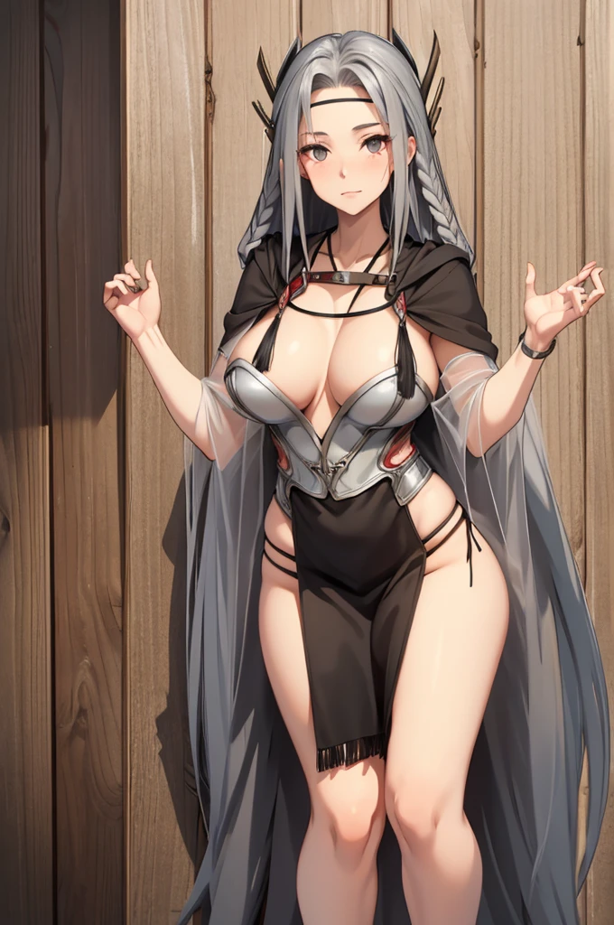 long black hair, female human, gray eyes, beautiful face, red and white priestess robes, full body, , wide hips, thick thighs, full body, wooden wall background, neutral expression, parted fringe, adult, fully clothed, arms on sides,
