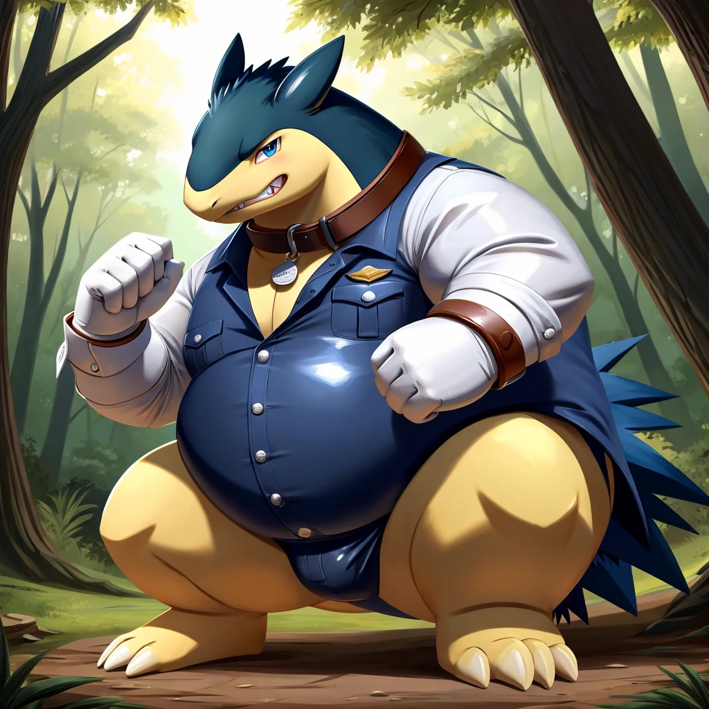 Solo, Male, fat, squatting, extremely obese, Typhlosion, blue eyes, (soft shading), 4k, hi res, ((detailed face, detailed)), looking at viewer, evil grin, forest, park ranger, collared shirt, male focus, glasses, monocle, shirt with buttons, sleeves rolled up, Typhlosion is wearing a glossy leather dog collar around the neck, Typhlosion is wearing the leather collar and shirt at the same time, Typhlosion is wearing glossy white rubber gloves on the hands, wearing white rubber gloves on the feet, Typhlosion is wearing glossy white cuffs around the wrists with cufflinks, gloves are rubber in texture, clenching teeth, clenching fists, leather collar is glossy and shiny with a lot of detail, Typhlosion is wearing gloves and cuffs and cufflinks at the same time, leather collar has a round dog-tag, leather collar is thick and detailed.