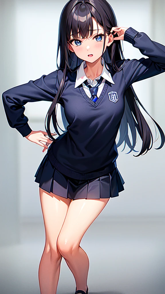 best-quality, 8k quality, masterpiece, small breast, beautiful breast, 1girl, high school girl, black hair, long hair, beautiful detailed blue eyes, perfect eyes, full body, classroom, front view, stripe navy blue necktie, neat navy blue plain long sleeve school sweater, navy blue plain school skirt, perfect fingers, perfect anatomy, perfect face, sharp outline