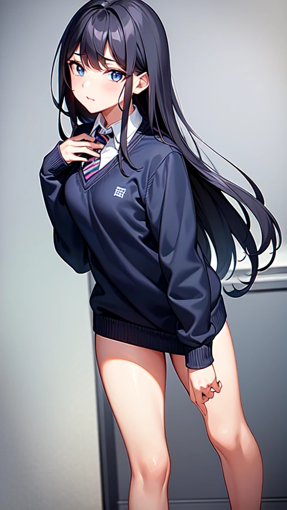 best-quality, 8k quality, masterpiece, small breast, beautiful breast, 1girl, high school girl, black hair, long hair, beautiful detailed blue eyes, perfect eyes, full body, classroom, front view, stripe navy blue necktie, neat navy blue plain long sleeve school sweater, navy blue plain school skirt, perfect fingers, perfect anatomy, perfect face, sharp outline