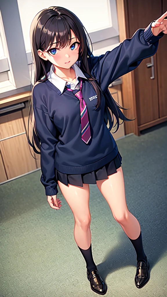 best-quality, 8k quality, masterpiece, small breast, beautiful breast, 1girl, high school girl, black hair, long hair, beautiful detailed blue eyes, perfect eyes, full body, classroom, front view, stripe navy blue necktie, neat navy blue plain long sleeve school sweater, navy blue plain school skirt, perfect fingers, perfect anatomy, perfect face, sharp outline