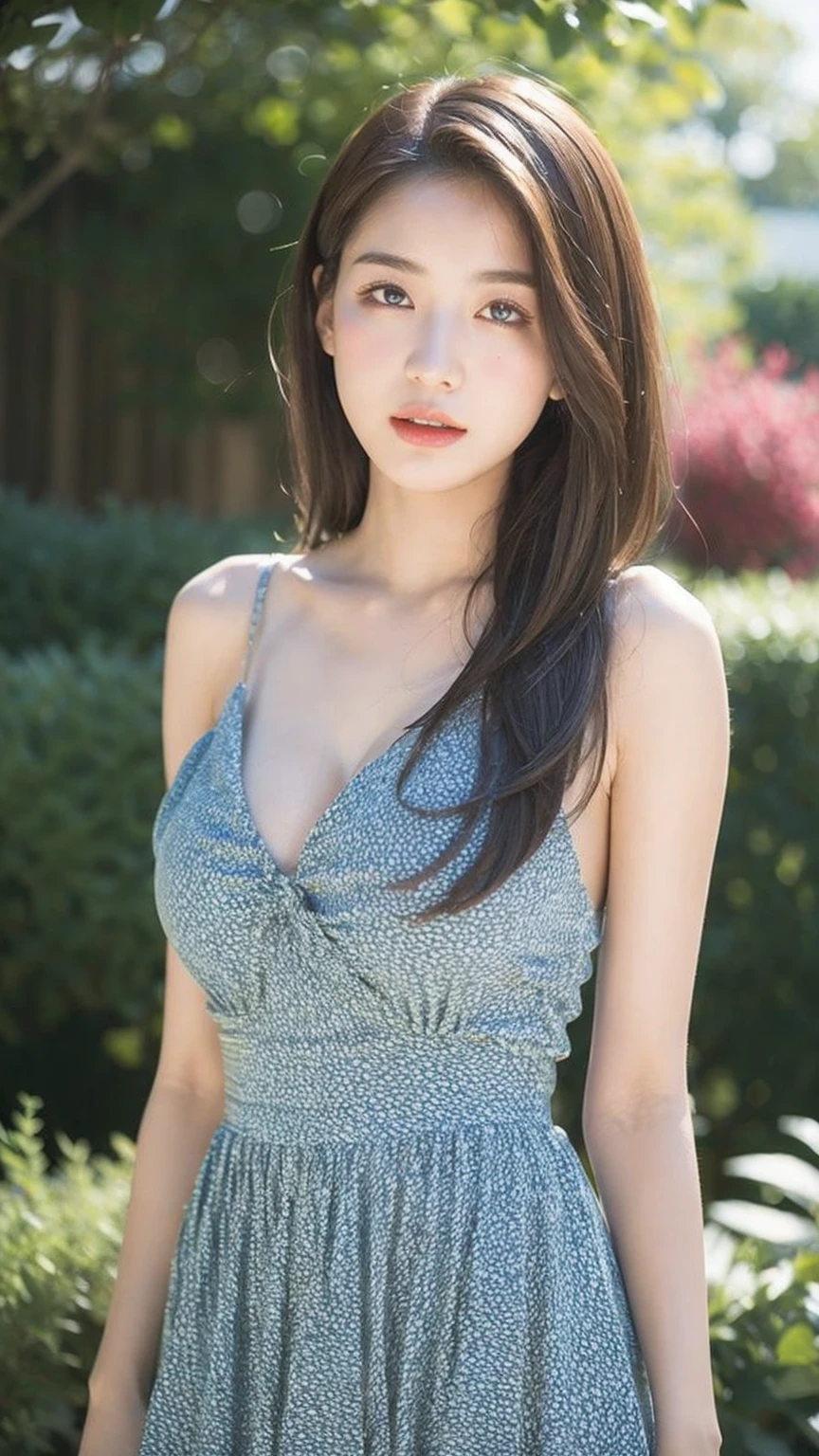 ((Best quality, 8K, masterpiece:1.3)),1girl,18 years old,Asian,Real texture:1.3,(Background blur:1.3),Dress Up,Tall and slender figure:1.2,(Hot summer weather),(garden:1.3),Highly detailed face and skin textures,Exquisite eyes,Long eyelashes,Double eyelids,Skin Whitening,happy,Big breasts