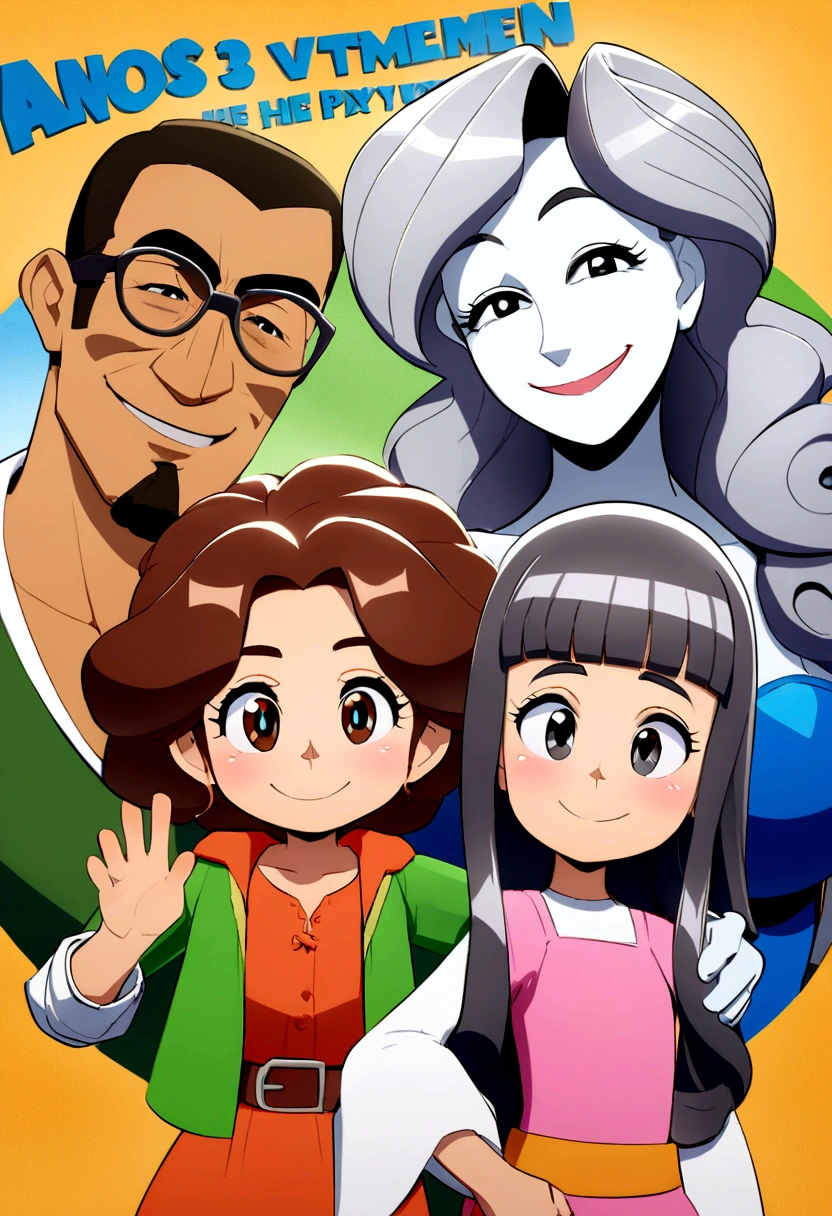 Caricature of a white-skinned girl named Laís, White, with dark brown hair and long curly hair below the shoulder, having fun on vacation together with daddy Jaime, moreno, high, black eyes, smiling e de terno Cinza, and gray hair, and his other daughter Lavinia, little, más little que Laís, dark like her father, shorter shoulder length hair, curly and frizzy, well wrapped, smiling e olhos com brilhos e covinhas na bochecha, and with us is his wife Daniela, unos 15 centímetros más little que su padre Jaime, 1,86 cm, and Laís also at the height of his mother Daniela, and daniela has white skin like lais, smiling, a little thick, BIG BREASTS, smooth black wavy fur, Right in front of him was a boxer dog., café y White, 3D animation movie poster, cartel de animated film, pixar 3d animation style, pixar renderman rendering, virtual 8 miles, animated film, Disney Pixar 3D Style, happy friends go out together, the 3 women with long pink dresses with a very delicate belt at the waist, outdoor, vacation, Disney Pixar Animation Poster