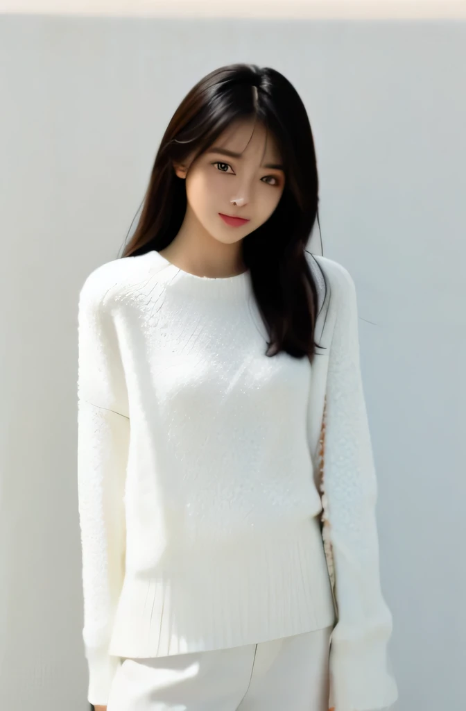 Cute woman wearing white knitwear