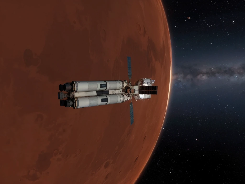 a ship flying over Mars