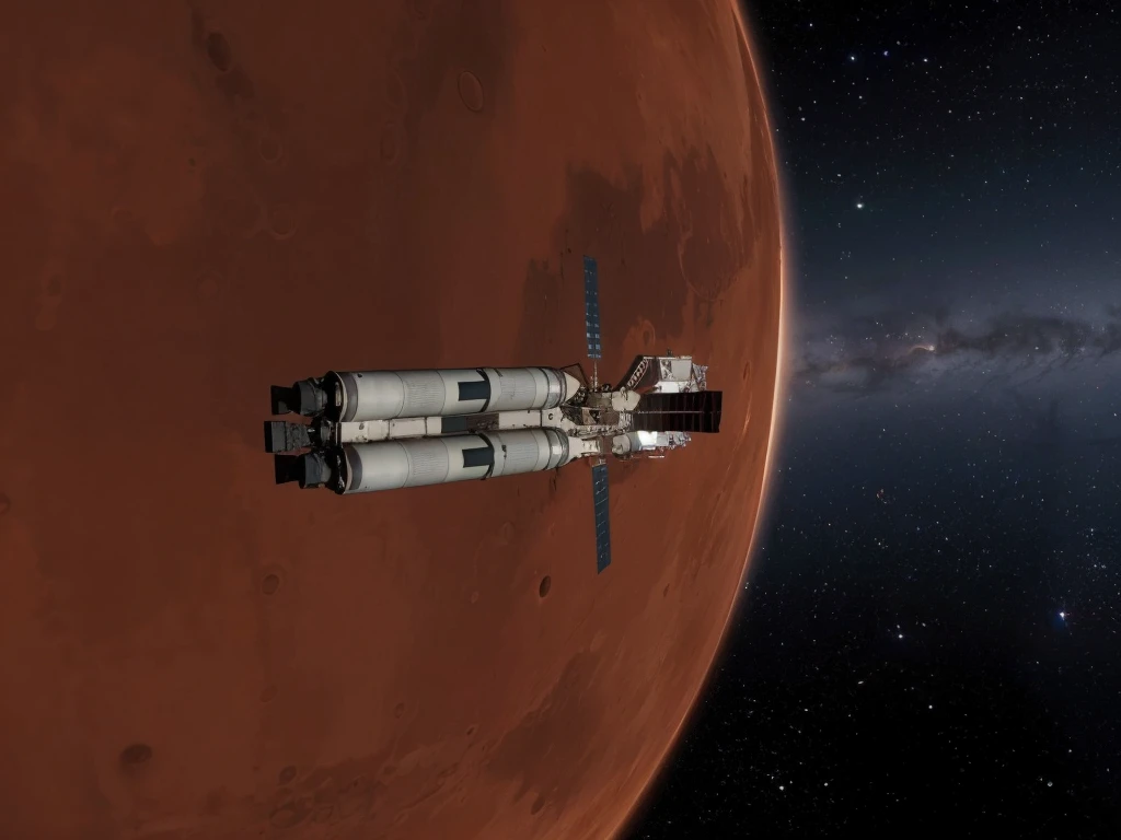 a ship flying over Mars