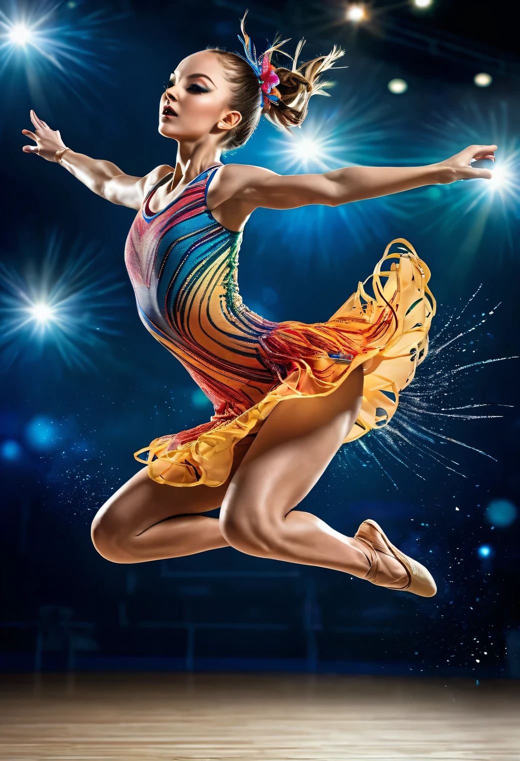 A photo of a rhythmic gymnast jumping high into the air with her legs spread apart,
(((jumping))),
Athlete in a dynamic pose,
The overall atmosphere is energetic and exciting,
High quality with clear details and vibrant colors,
(((intricate detailed Rhythmic gymnastics uniform with a gorgeous design))),
Arms, legs and core muscles are clearly defined,
In the gym,
Athlete, dynamic pose, strength, agility, muscular, jump, blurred background, energetic, exciting,
