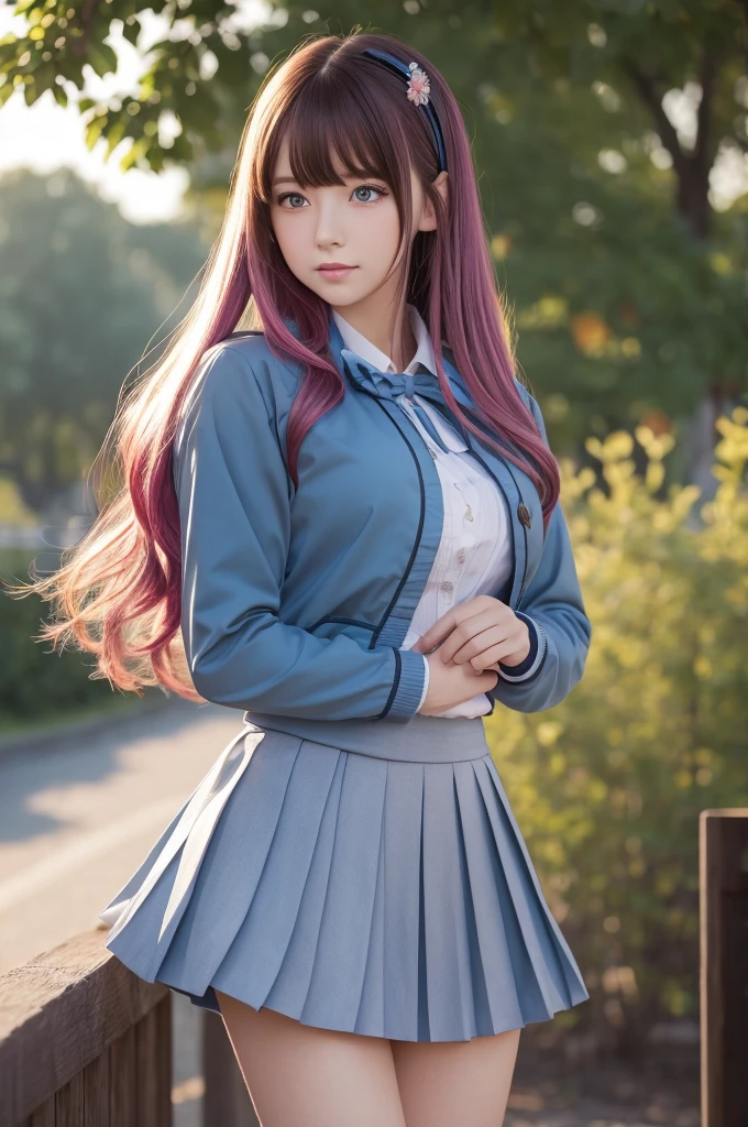 (masterpiece:1.3), (best quality:1.1), (8k, ultra detailed, ultra high res:1.2), ((anime style)), perfect 5 fingers, perfect ???????, impressionism,
1girl,
Ichinose honami, 
Ichinose honami \(youjitsu\),
long hair, 
pink hair, 
blue eyes, round eyes, tareme, 
blue bow, 
large breasts, 
red jacket, long sleeves, white skirt, pleated skirt, black calf socks, 
looking at viewer, 
cowboy shot, 
perfect light, 
(detailed background:1.2), cosmos, galaxy, outdoor, outside, 