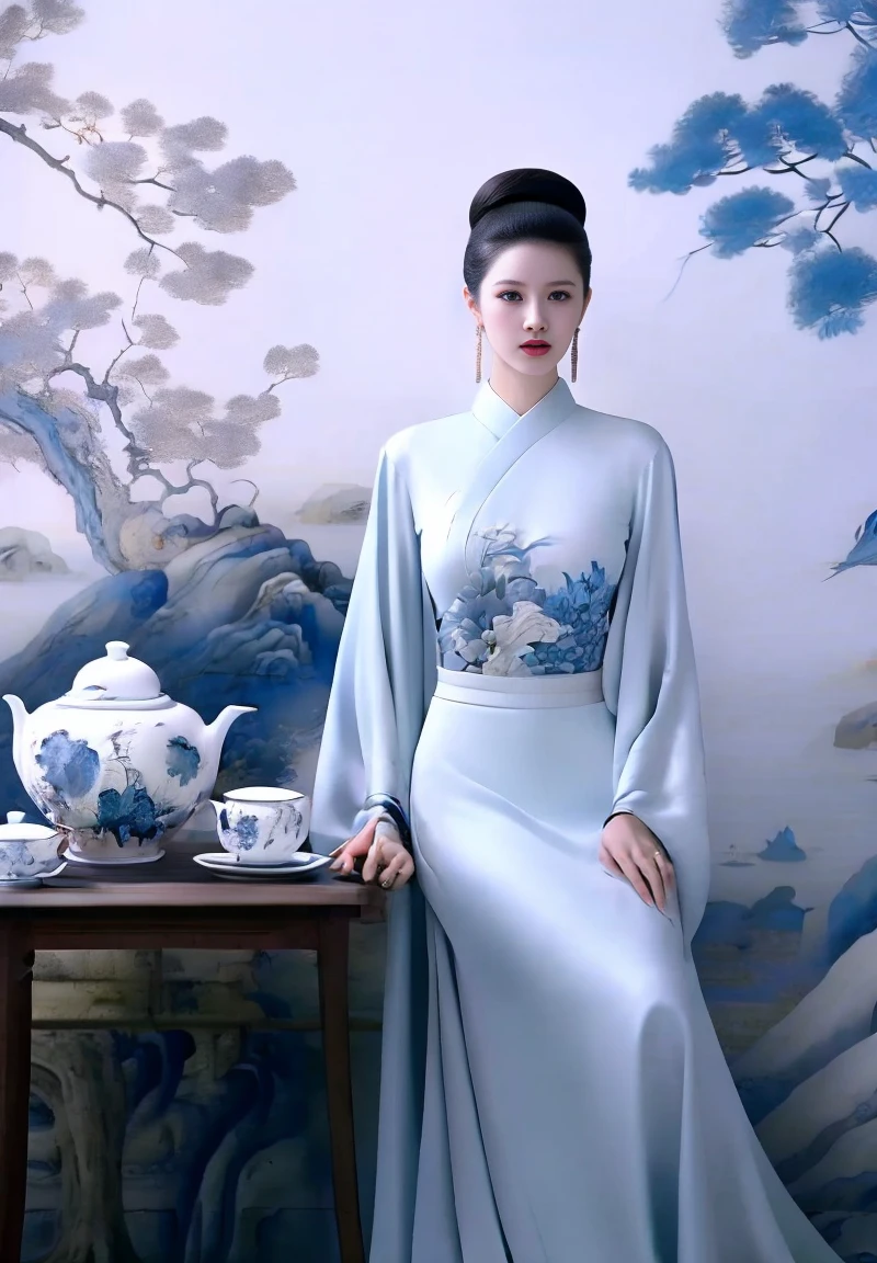 ultra realistic 8k cg, flawless, clean, masterpiece, professional artwork, famous artwork, cinematic lighting, cinematic bloom,,W&B-P,1girl, teapot, jewelry, bird, earrings, hair bun, chinese clothes, sitting, solo, table, black hair, tree, dress, single hair bun, teacup, chair, cup,,((masterpiece)),absurdres,