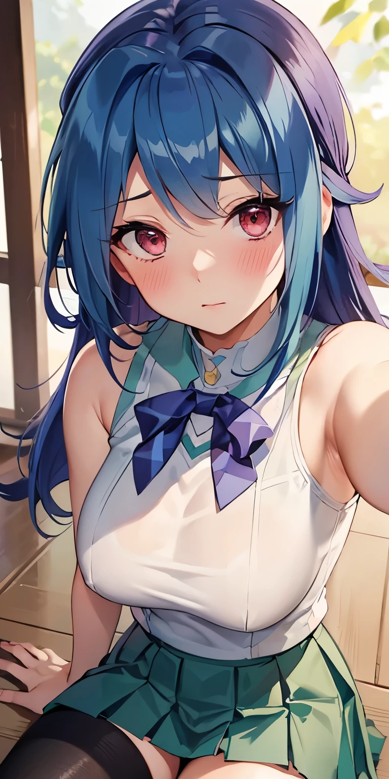 1 Female,High definition,high resolution,Ultra-realistic,8K, kr1, multicolored hair, dyed bangs, white shirt, sleeveless,  green skirt, tight skirt, miniskirt, pleated skirt,European,sexy,Upper body close-up,Photographed from the front,Dynamic Angles,(blush:1.3),(sitting),(selfie),(wide thighs:1.3), (small tits)