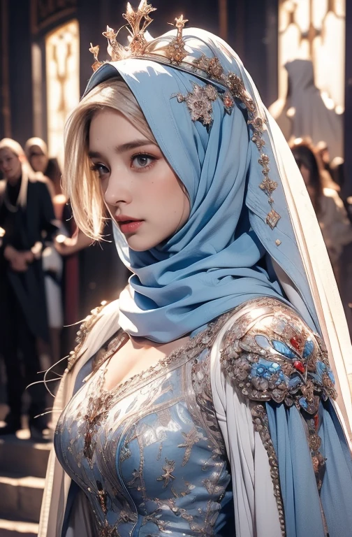 Elegant armor,princess, Full body, wearing a hijab , crown luxury , blue eye, blond hair, around 17 years old, (red silver hijab), tmasterpiece，Best quality at best，A high resolution，8K，((Portrait))，(upper body)，Original photo，real photograph，digital photography, (Medieval angel princess in fantasy style), sexy princess ，blue eye， super colossal breast, pointy colossal breast extravagant ornament，cparted lips，Keep your mouth shuegant and charming，((Blushing))，virgin content，Calm and handsome，(Medieval fantasy armor, The Beautiful super pointy breast, small waist, perfect colossal breast of princess body, a blue delicate pattern，red Cloak)，(anhelic princess character medieval fantasy style，oc render reflection texture, sexy style,  sexy colossal breast , medieval castle background, slim body, very small waist, (luxury armor pattern) , super slim , sexy style, angel 4 wings