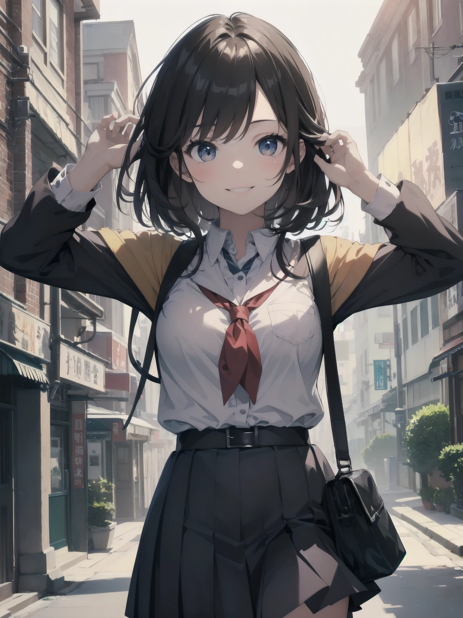 Masterpiece of detail, top quality, 1 girl, 独奏, Enhanced Dynamic Perspective,Cute PosesJk,Brand JK uniform,Look at me and smile,School life background,Masterpieces,high quality,16K resolution,Super quality,Accurate,Cinema Lighting,