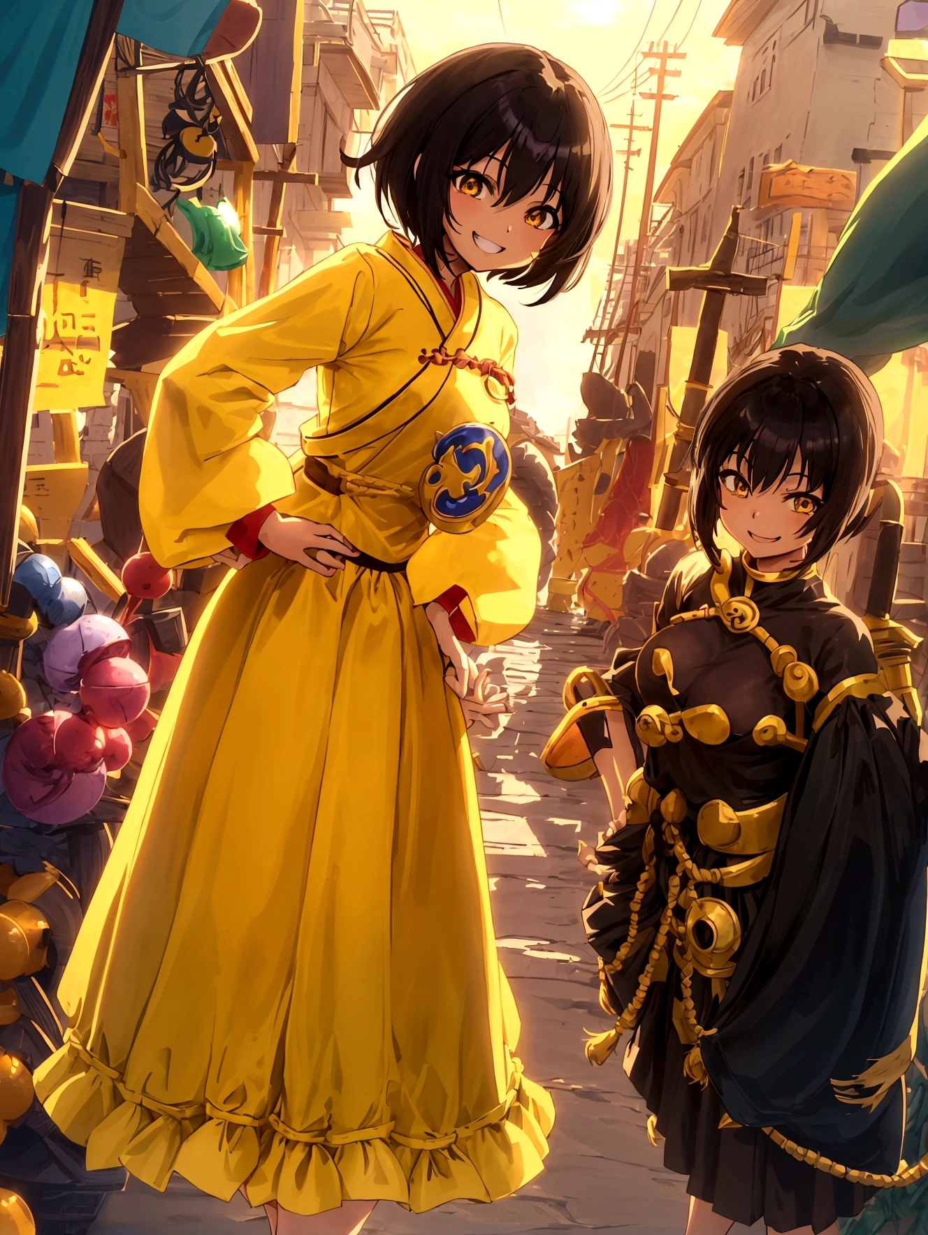 Anime Style、Cheerful girl、Brown skin、RPG Game Characters、Yellow long skirt-type equipment、、Very small breasts、Armament、Black Hair、short hair、Naughty、Mischievous、Smiling with teeth showing、Hands on hips、Hall々Stand with、Village Background、Bright atmosphere、Bustling market