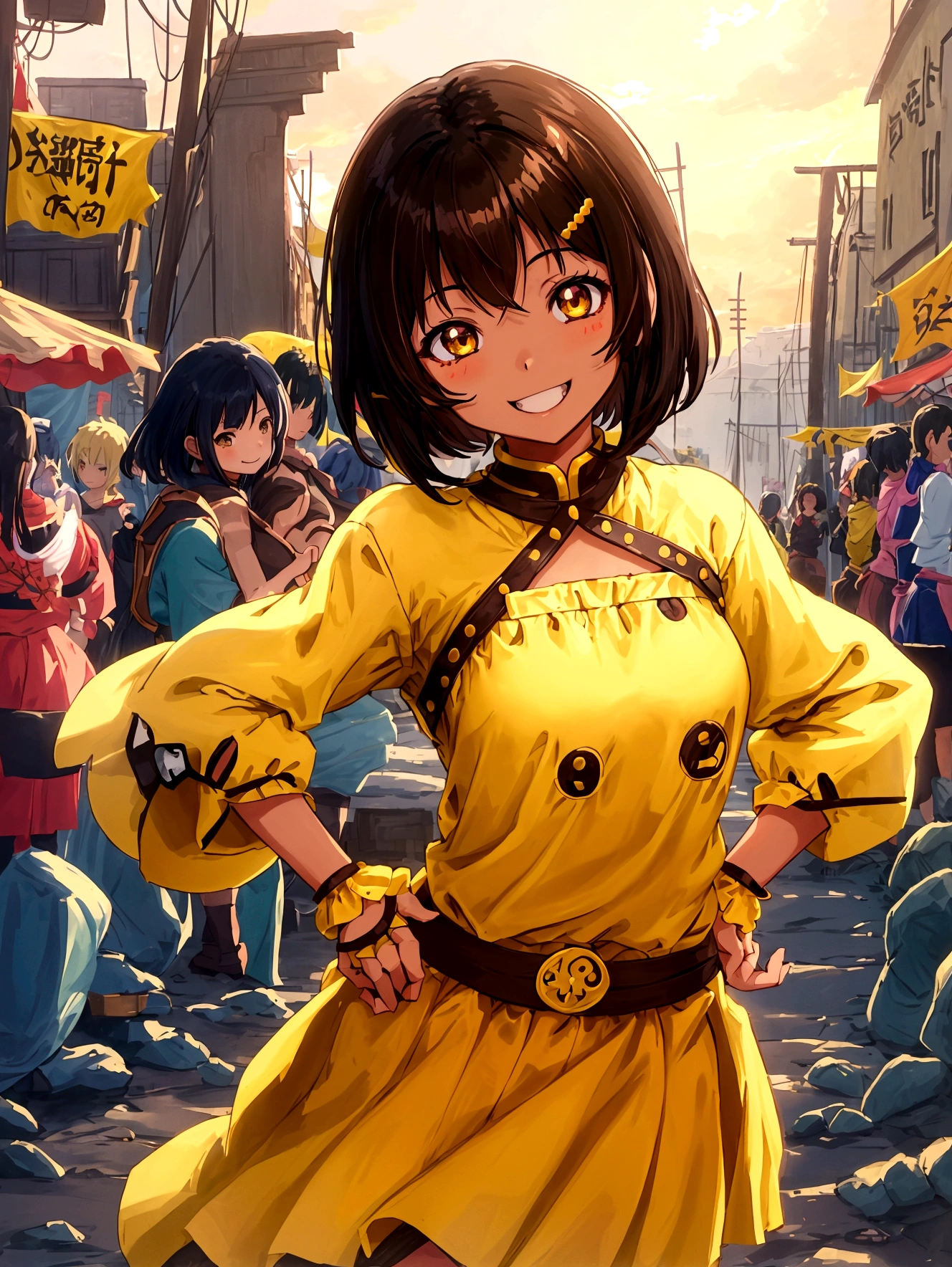 Anime Style、Cheerful girl、Brown skin、RPG Games、Yellow long skirt-type equipment、、Very small breasts、Armament、Black Hair、short hair、Naughty、Mischievous、Smiling with teeth showing、Hands on hips、Hall々Stand with、Village Background、Bright atmosphere、Bustling market