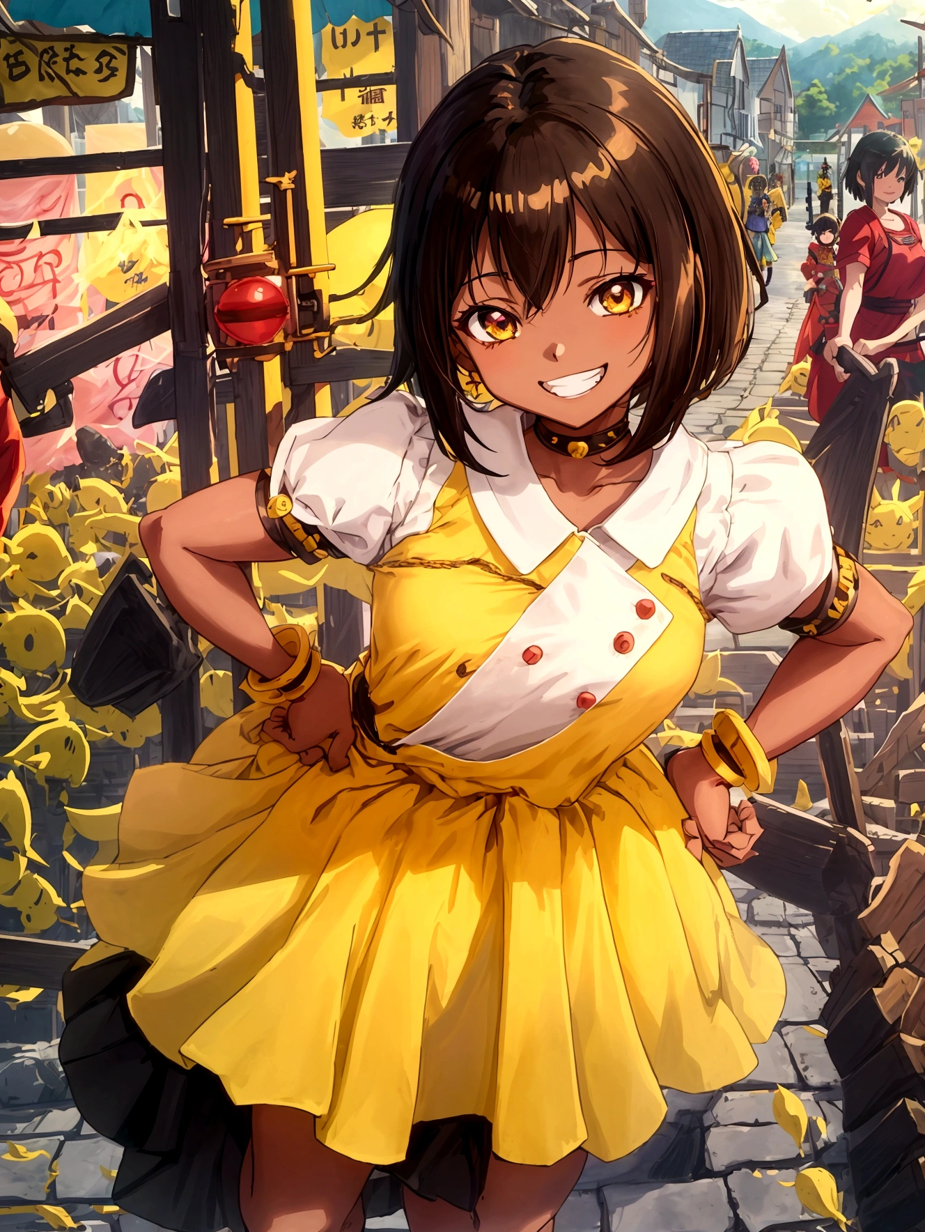 Anime Style、Cheerful girl、Brown skin、RPG Games、Yellow long skirt-type equipment、、Very small breasts、Armament、Black Hair、short hair、Naughty、Mischievous、Smiling with teeth showing、Hands on hips、Hall々Stand with、Village Background、Bright atmosphere、Bustling market